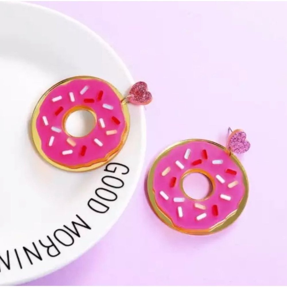 Sprinkled Donut Pink Funny Y2K Resin Colorful Statement Dangle Drop Earrings NEW